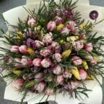 Kytica 61 čerstvých tulipánov s eukalyptom